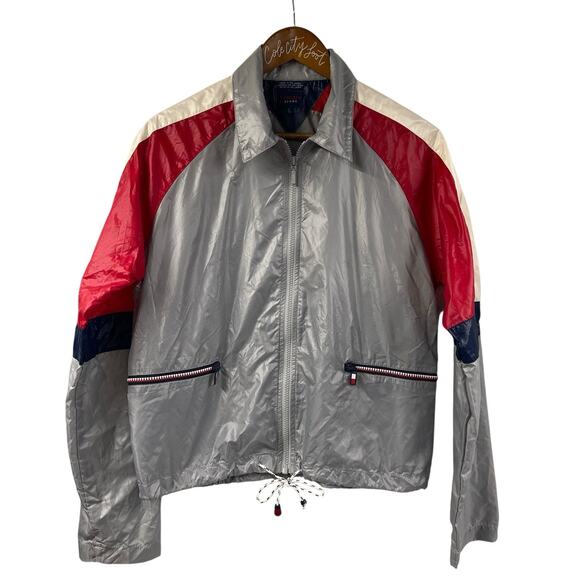 Tommy Jeans Jacket Unlined Windbreaker Large Vintage Silver Blue Red Nylon - Picture 1 of 8